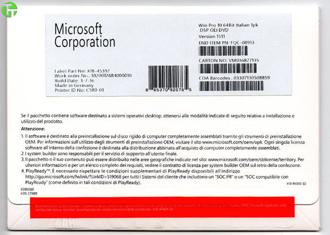 OEM de Windows 10 de la etiqueta engomada de la licencia del COA de Windows 10 favorable con DVD + la licencia púrpuras auténticos de la llave