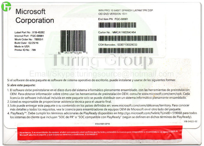 DVD de la versión del OEM de Windows 10 del curso de la vida del funcionamiento en línea favorables + etiqueta engomada españoles activados de la llave